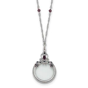 1928 Pewter-tone Blue and Purple Crystal 2X Magnifying Glass 30"Vintage Necklace